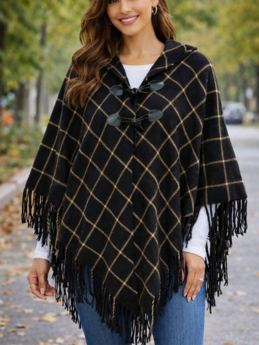 Apt. 9 Black Tan Checkered Plaid Poncho One Size Fringe Fall Layer Boho Cozy
